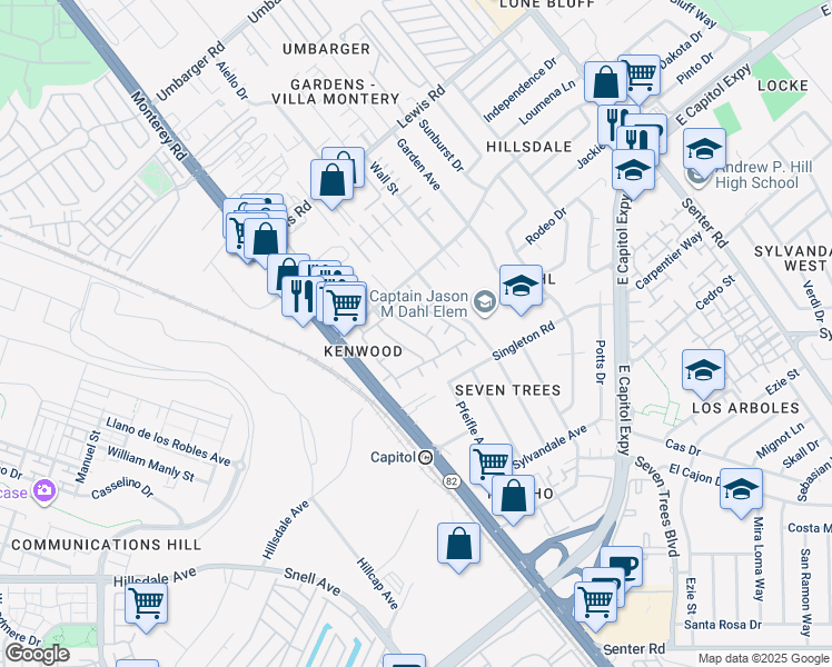 map of restaurants, bars, coffee shops, grocery stores, and more near 3225 Kenhill Drive in San Jose