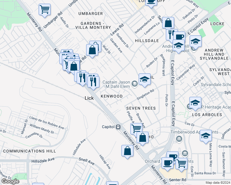 map of restaurants, bars, coffee shops, grocery stores, and more near 3225 Kenhill Drive in San Jose
