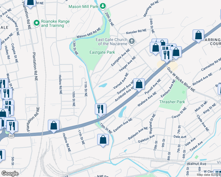 map of restaurants, bars, coffee shops, grocery stores, and more near 1436 Varnell Avenue Northeast in Roanoke