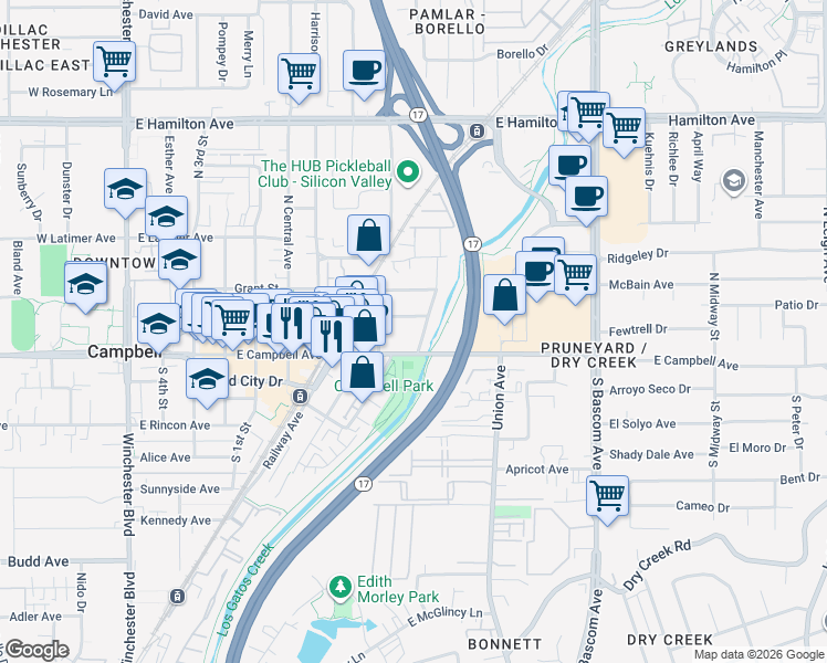 map of restaurants, bars, coffee shops, grocery stores, and more near 621 East Campbell Avenue in Campbell