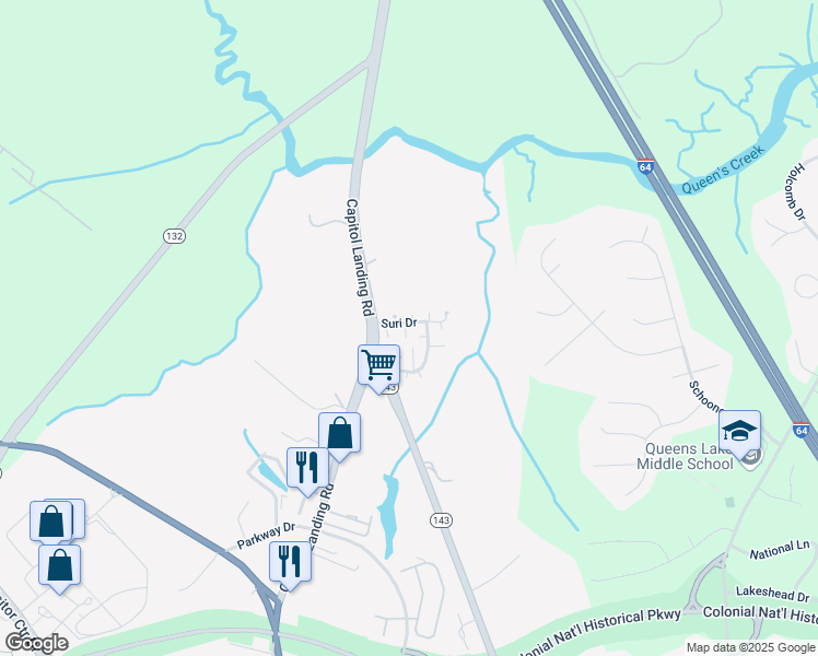 map of restaurants, bars, coffee shops, grocery stores, and more near 232 Suri Drive in Williamsburg