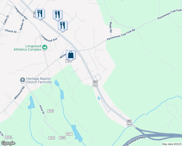 map of restaurants, bars, coffee shops, grocery stores, and more near 101 Bolt Street in Farmville