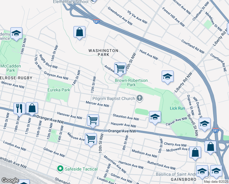 map of restaurants, bars, coffee shops, grocery stores, and more near 1006 Grayson Avenue Northwest in Roanoke