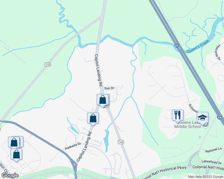 map of restaurants, bars, coffee shops, grocery stores, and more near 232 Suri Drive in Williamsburg