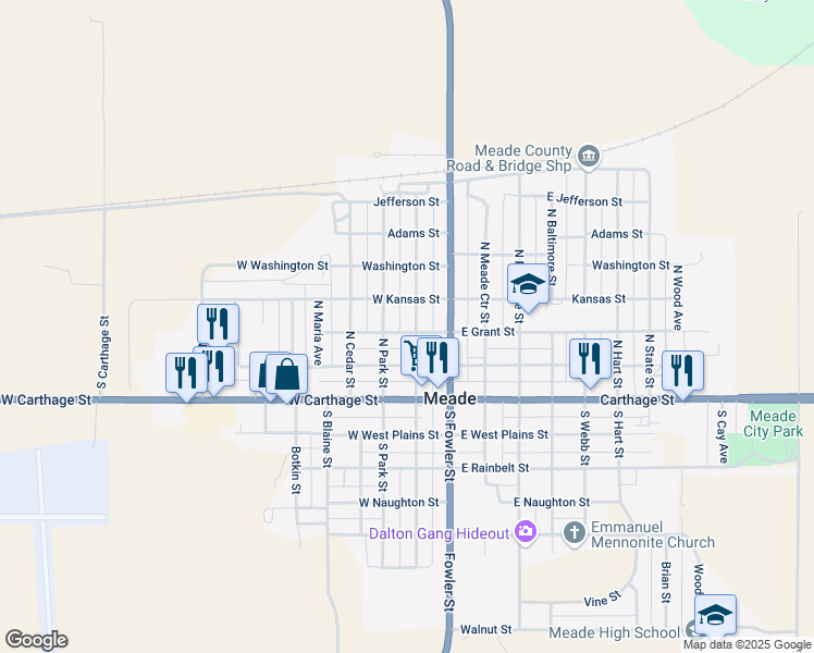 map of restaurants, bars, coffee shops, grocery stores, and more near 300-398 North Park Street in Meade