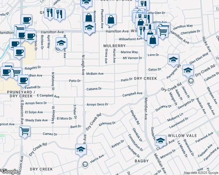 map of restaurants, bars, coffee shops, grocery stores, and more near 1829 Cabana Drive in San Jose