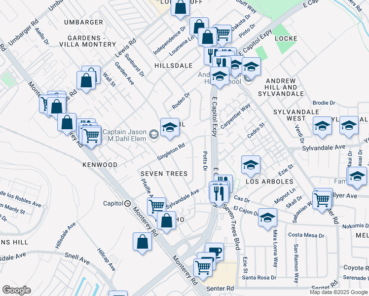 map of restaurants, bars, coffee shops, grocery stores, and more near 3233 Garden Avenue in San Jose
