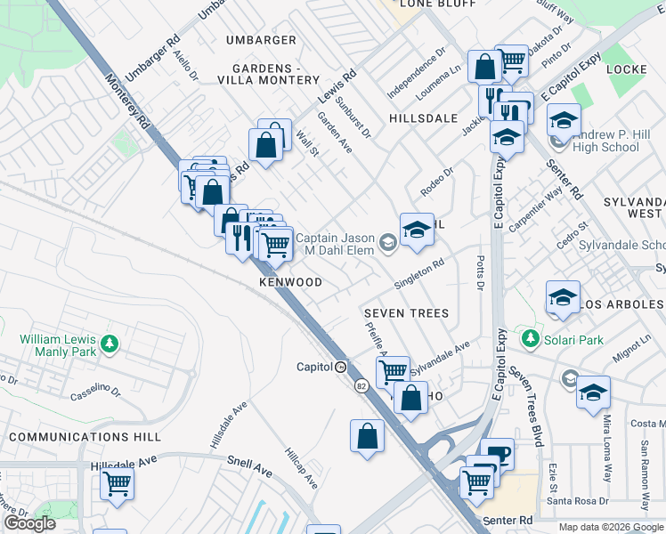 map of restaurants, bars, coffee shops, grocery stores, and more near 94 Kenbrook Circle in San Jose