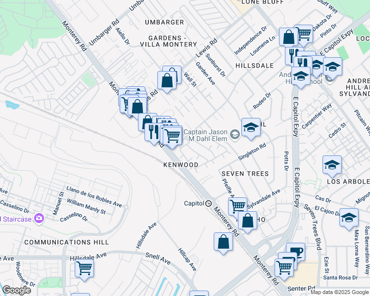 map of restaurants, bars, coffee shops, grocery stores, and more near 51 Kenbrook Circle in San Jose