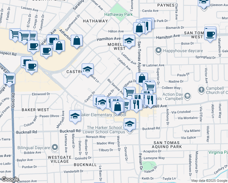 map of restaurants, bars, coffee shops, grocery stores, and more near 1729 Ensenada Drive in Campbell
