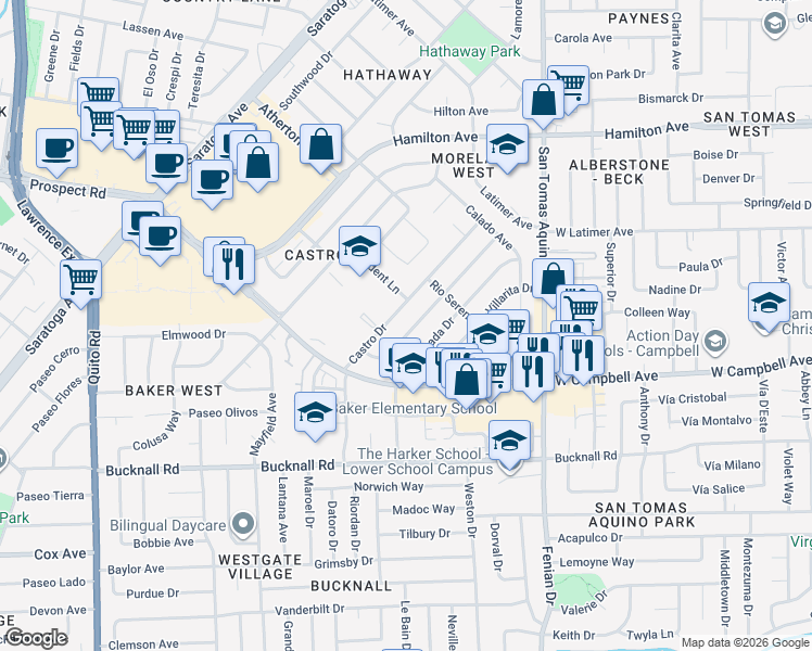 map of restaurants, bars, coffee shops, grocery stores, and more near 1847 Palo Santo Drive in Campbell