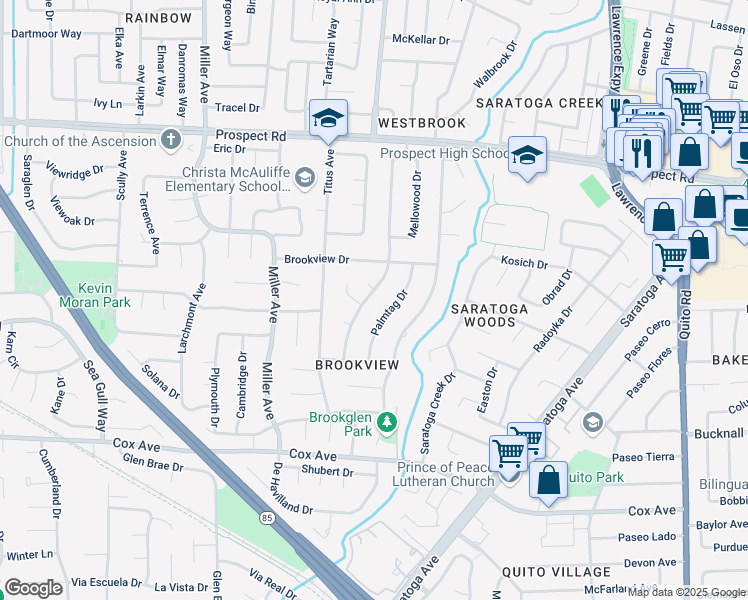 map of restaurants, bars, coffee shops, grocery stores, and more near 12390 Woodside Drive in Saratoga