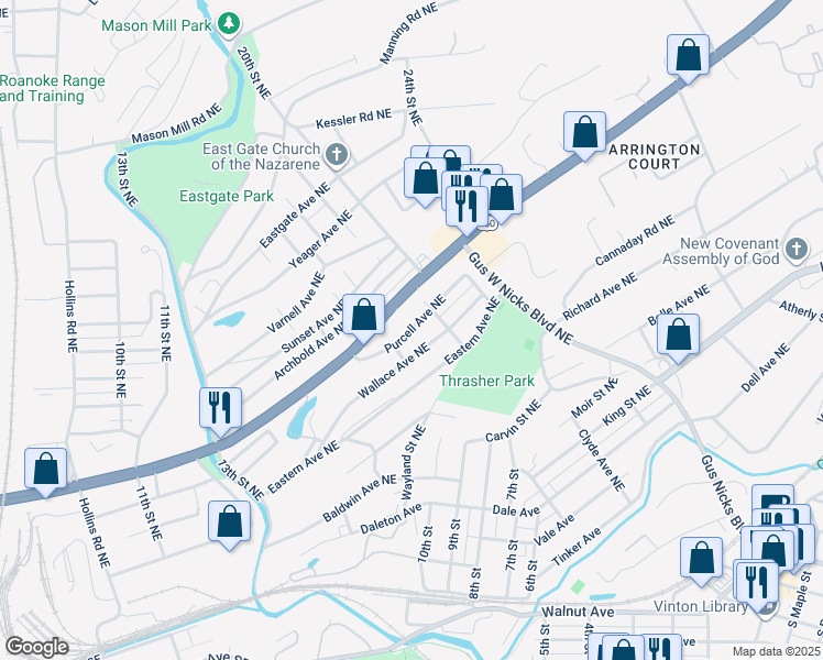 map of restaurants, bars, coffee shops, grocery stores, and more near 2002 Purcell Avenue Northeast in Roanoke