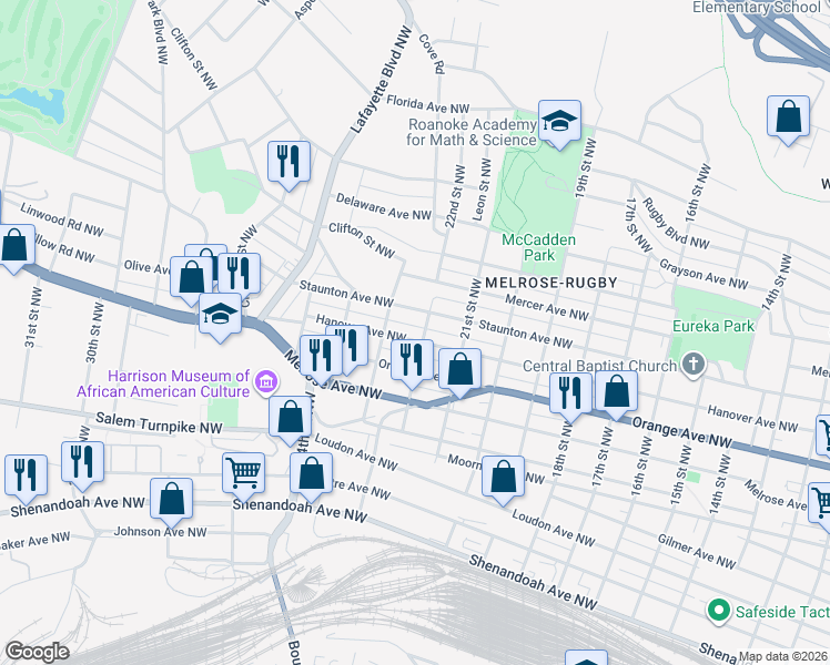 map of restaurants, bars, coffee shops, grocery stores, and more near 2218 Staunton Ave NW in Roanoke