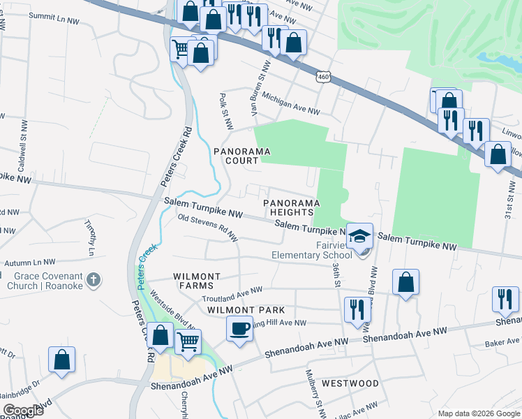 map of restaurants, bars, coffee shops, grocery stores, and more near 728 Fairview Road Northwest in Roanoke