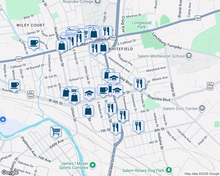 map of restaurants, bars, coffee shops, grocery stores, and more near 425 South College Avenue in Salem