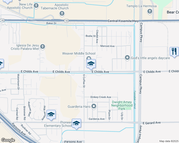 map of restaurants, bars, coffee shops, grocery stores, and more near 3076 East Childs Avenue in Merced
