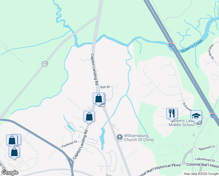 map of restaurants, bars, coffee shops, grocery stores, and more near 300 Suri Drive in Williamsburg