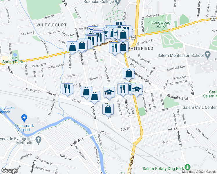 map of restaurants, bars, coffee shops, grocery stores, and more near 433 White Oak Street in Salem