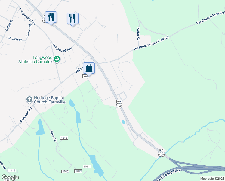 map of restaurants, bars, coffee shops, grocery stores, and more near 101 Bolt Street in Farmville