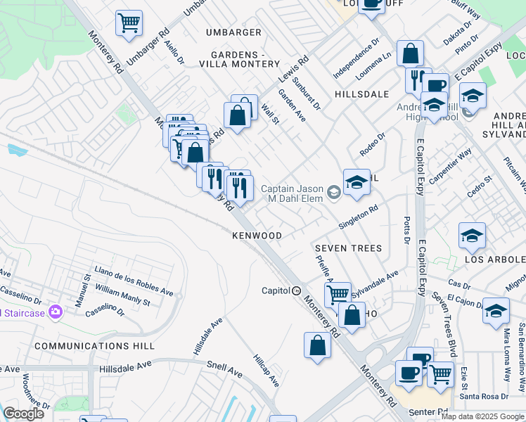 map of restaurants, bars, coffee shops, grocery stores, and more near 51 Kenbrook Circle in San Jose