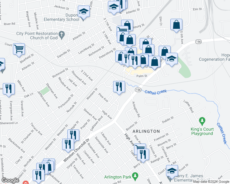 map of restaurants, bars, coffee shops, grocery stores, and more near 2408 Poplar Street in Hopewell