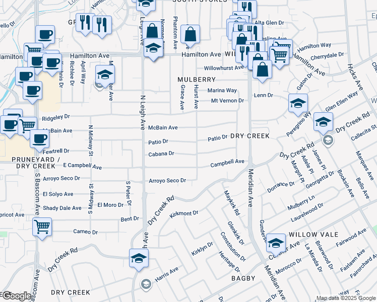 map of restaurants, bars, coffee shops, grocery stores, and more near 1829 Cabana Drive in San Jose