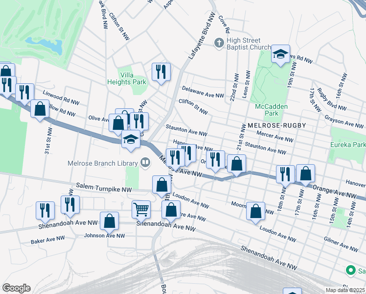 map of restaurants, bars, coffee shops, grocery stores, and more near 2411 Hanover Avenue Northwest in Roanoke