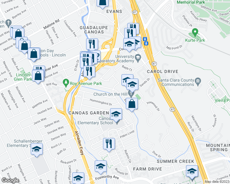 map of restaurants, bars, coffee shops, grocery stores, and more near 2478 Nightingale Drive in San Jose