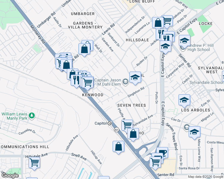 map of restaurants, bars, coffee shops, grocery stores, and more near 3234 Kenhill Drive in San Jose