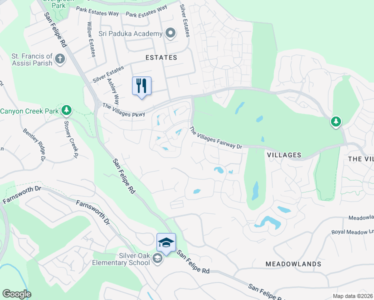 map of restaurants, bars, coffee shops, grocery stores, and more near 3425 Lake Albano Circle in San Jose