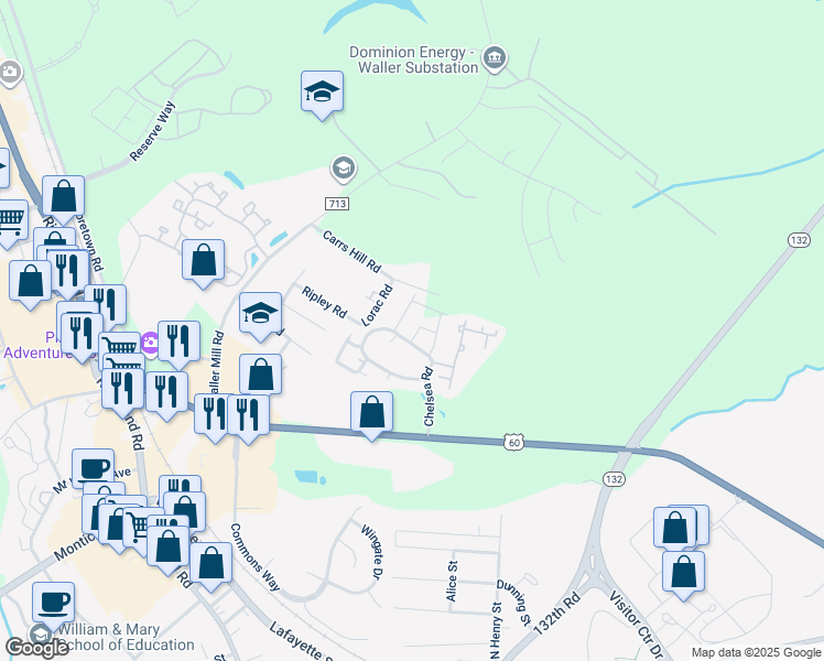map of restaurants, bars, coffee shops, grocery stores, and more near 124 Bicameral Lane in Williamsburg