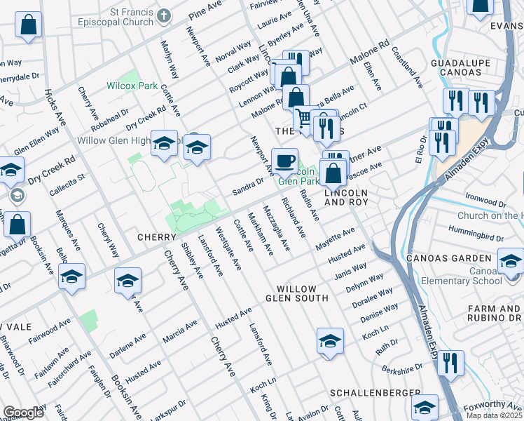 map of restaurants, bars, coffee shops, grocery stores, and more near 2265 Mazzaglia Avenue in San Jose