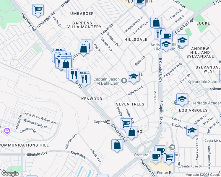map of restaurants, bars, coffee shops, grocery stores, and more near 3234 Kenhill Drive in San Jose
