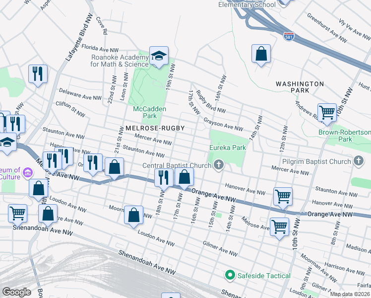 map of restaurants, bars, coffee shops, grocery stores, and more near 1632 Carroll Avenue Northwest in Roanoke