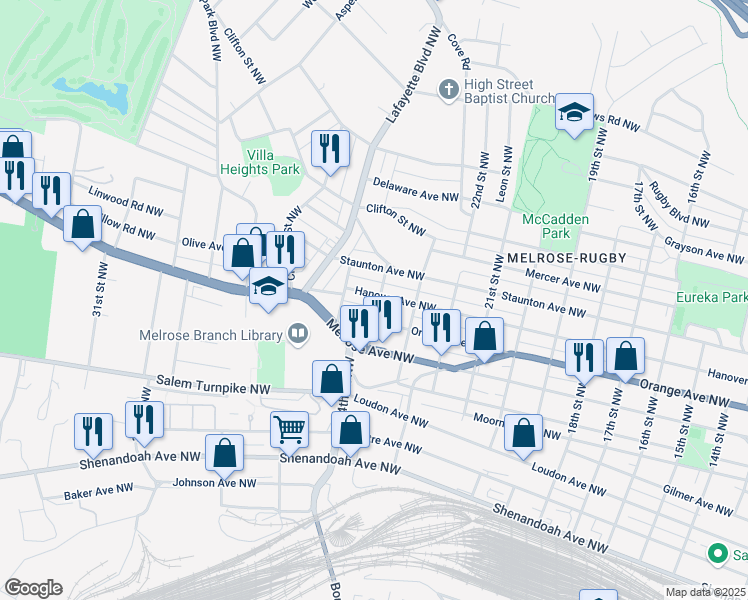 map of restaurants, bars, coffee shops, grocery stores, and more near 2411 Hanover Avenue Northwest in Roanoke