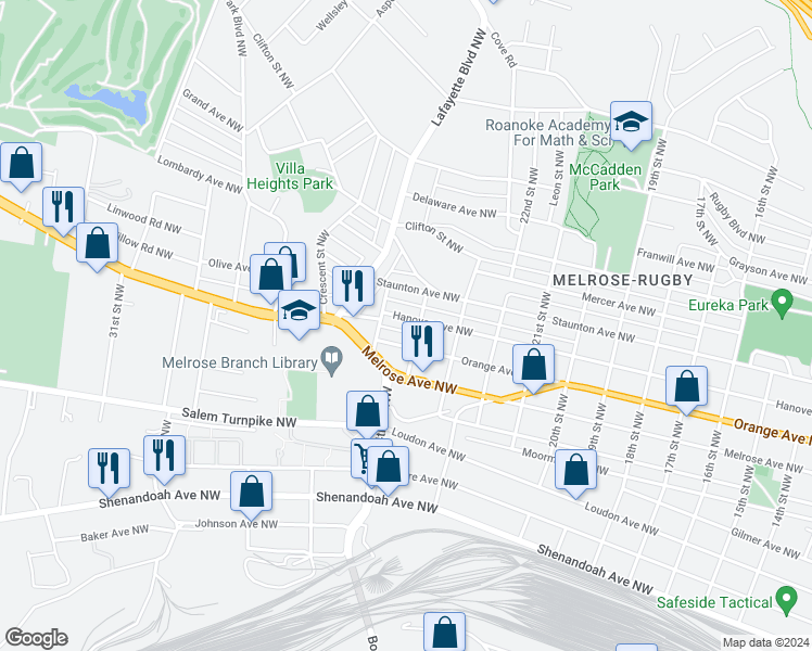 map of restaurants, bars, coffee shops, grocery stores, and more near 2411 Hanover Avenue Northwest in Roanoke