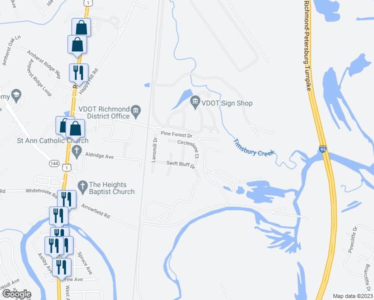 map of restaurants, bars, coffee shops, grocery stores, and more near 17005 Fiala Drive in Chesterfield County