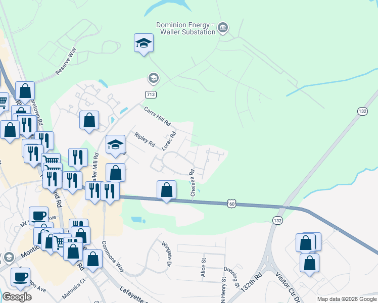map of restaurants, bars, coffee shops, grocery stores, and more near 111Z Bicameral Lane in Williamsburg