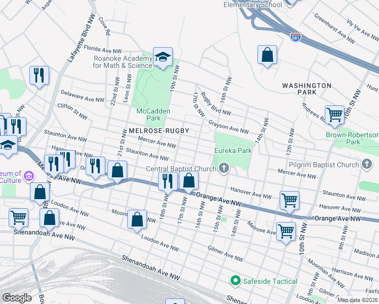 map of restaurants, bars, coffee shops, grocery stores, and more near 1632 Carroll Avenue Northwest in Roanoke