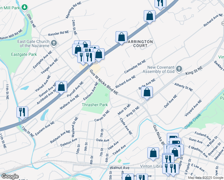 map of restaurants, bars, coffee shops, grocery stores, and more near 901 Gus W Nicks Boulevard Northeast in Roanoke