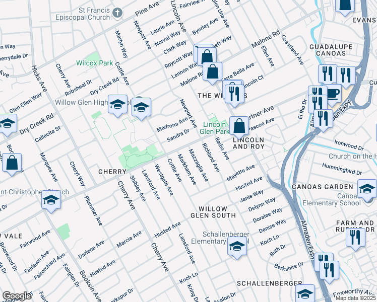 map of restaurants, bars, coffee shops, grocery stores, and more near 2265 Mazzaglia Avenue in San Jose
