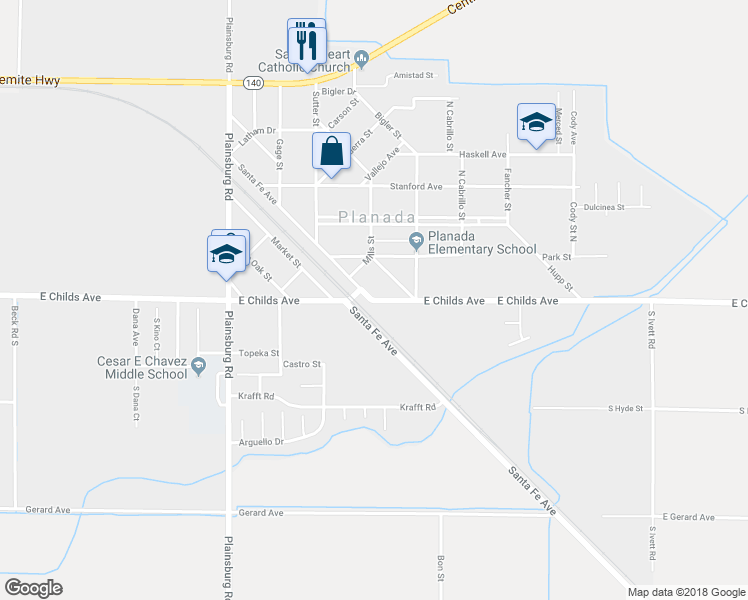 map of restaurants, bars, coffee shops, grocery stores, and more near 2 Santa Fe Avenue in Le Grand