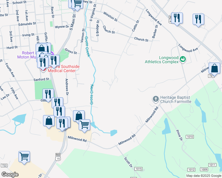 map of restaurants, bars, coffee shops, grocery stores, and more near 1003 Catlin Street in Farmville