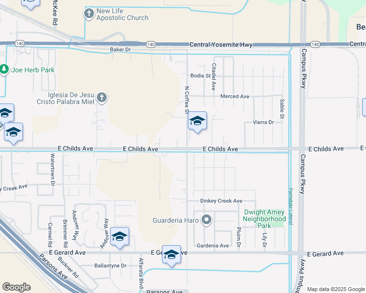 map of restaurants, bars, coffee shops, grocery stores, and more near 39 North Coffee Street in Merced