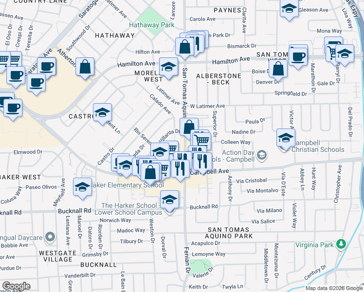 map of restaurants, bars, coffee shops, grocery stores, and more near 2 San Tomas Aquino Road in Campbell