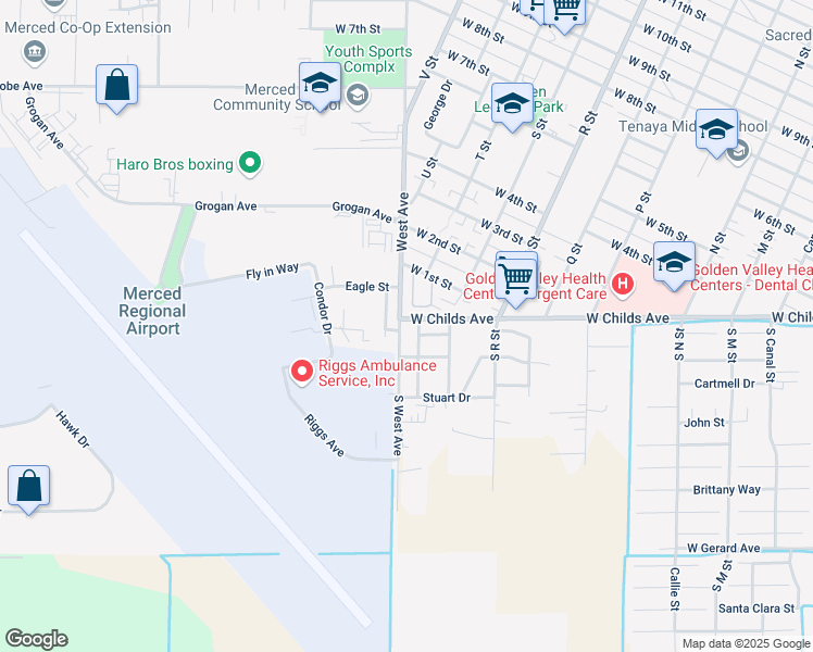 map of restaurants, bars, coffee shops, grocery stores, and more near 18 South West Avenue in Merced