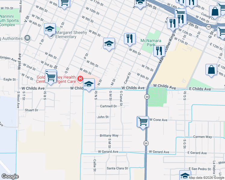 map of restaurants, bars, coffee shops, grocery stores, and more near 547 West Childs Avenue in Merced