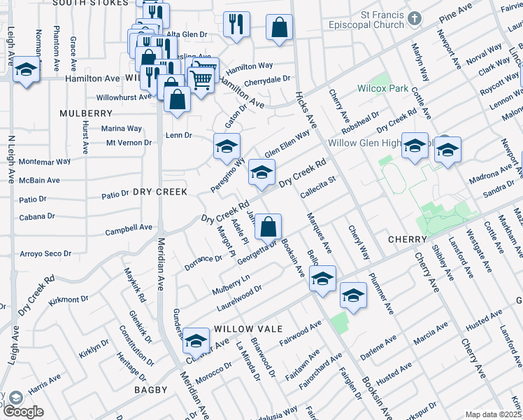 map of restaurants, bars, coffee shops, grocery stores, and more near 1601 Dry Creek Road in San Jose