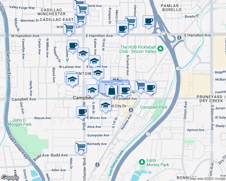 map of restaurants, bars, coffee shops, grocery stores, and more near 109 North 1st Street in Campbell